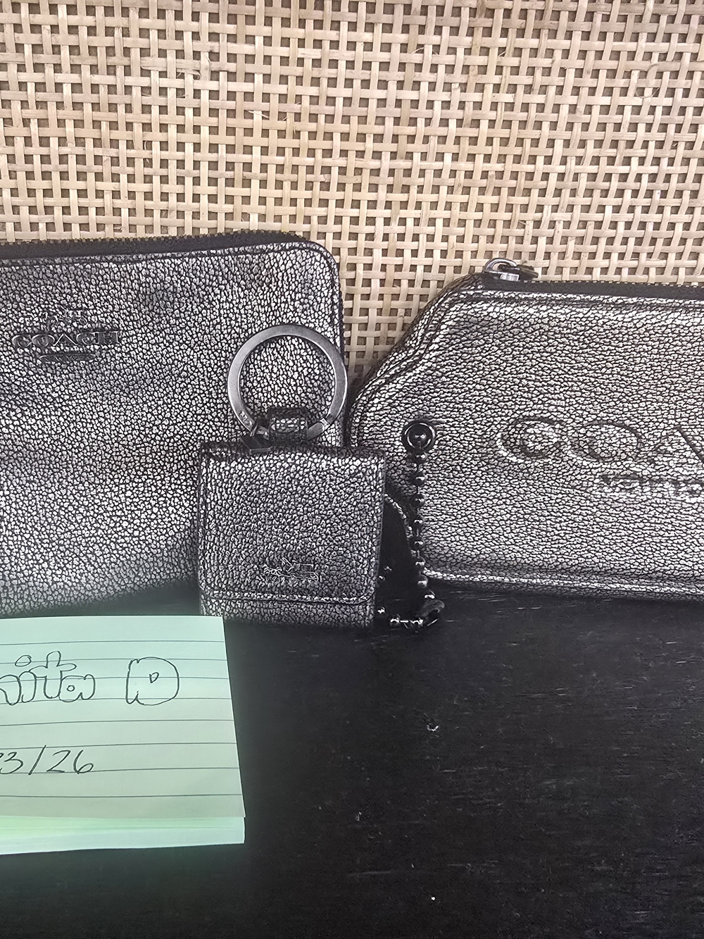 COACH Metallic Black Leather Wallet & Keychain Set